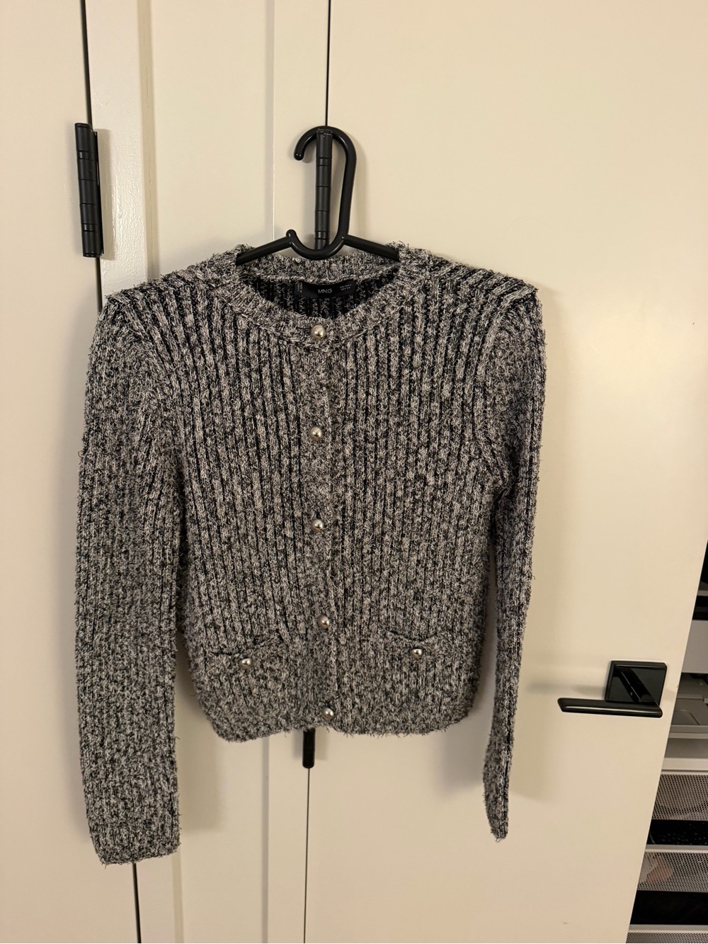 Mango Gray Ribbed Knit Button-Up Cardigan